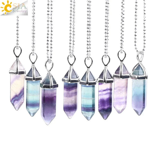 CSJA Fluorite Crystal Necklace – Hexagonal Quartz Gemstone Pendant for Women &amp; Reiki Healing